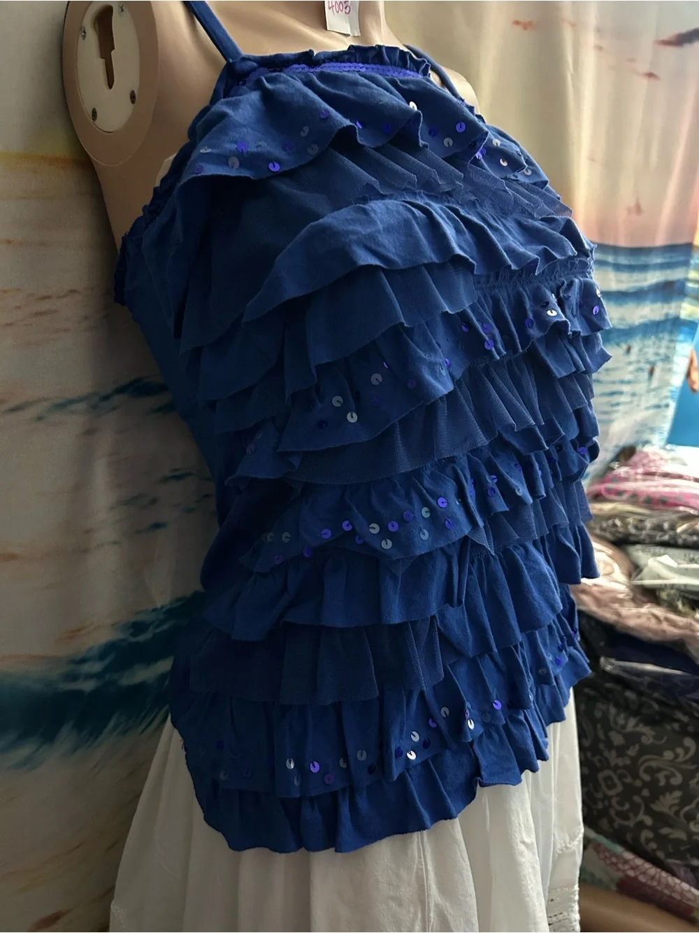 Justice Girls Royal Blue Ruffle Sequin Spaghetti Strap Tank SZ 16 NWT